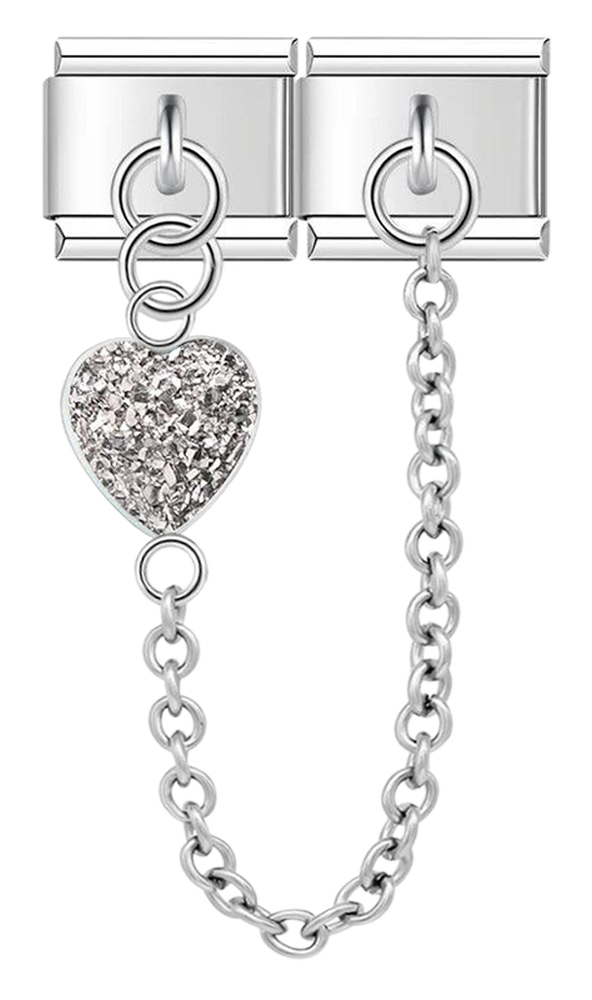 Grey Heart, Double Linked Charms, on Silver - grey heart double linked charms on silver.png