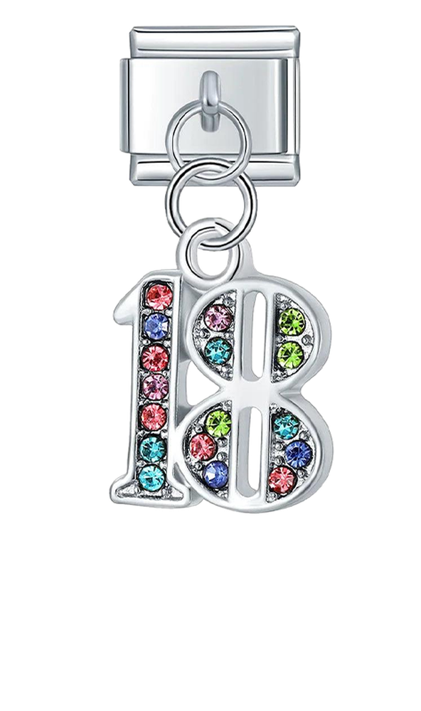 Number 18 with Multicolor Stones, on Silver - number-18-with-multicolor-stones-on-silver-charms-45929983508815.png