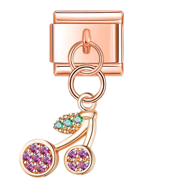 Pair of Cherries with Stones, Hanging, on Rose Gold - pair-of-cherries-with-stones-hanging-on-rose-gold-charms.png