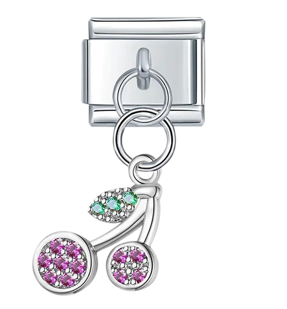 Pair of Cherries with Stones, Hanging, on Silver - pair-of-cherries-with-stones-hanging-on-silver-charms.png