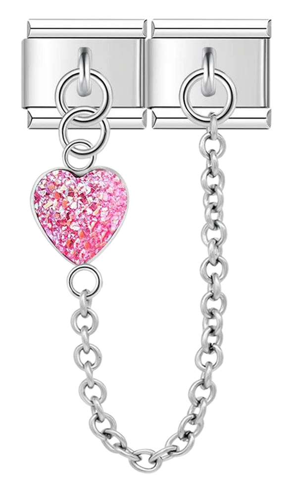 Pink Heart, Double Linked Charms, on Silver - pink heart double linked charms on silver.png