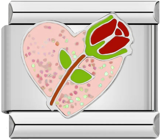 Glittery Pink Heart with Whole Red Rose, on Silver - glittery-pink-heart-with-whole-red-rose-on-silver-45431677583695.png