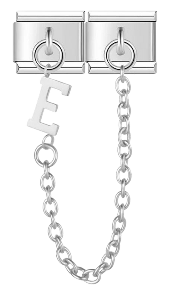 Letter E, Double Linked Charms, on Silver - letter e double linked charms on silver.png