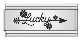 Silver charm with 'Lucky' text and clover designs on a white background