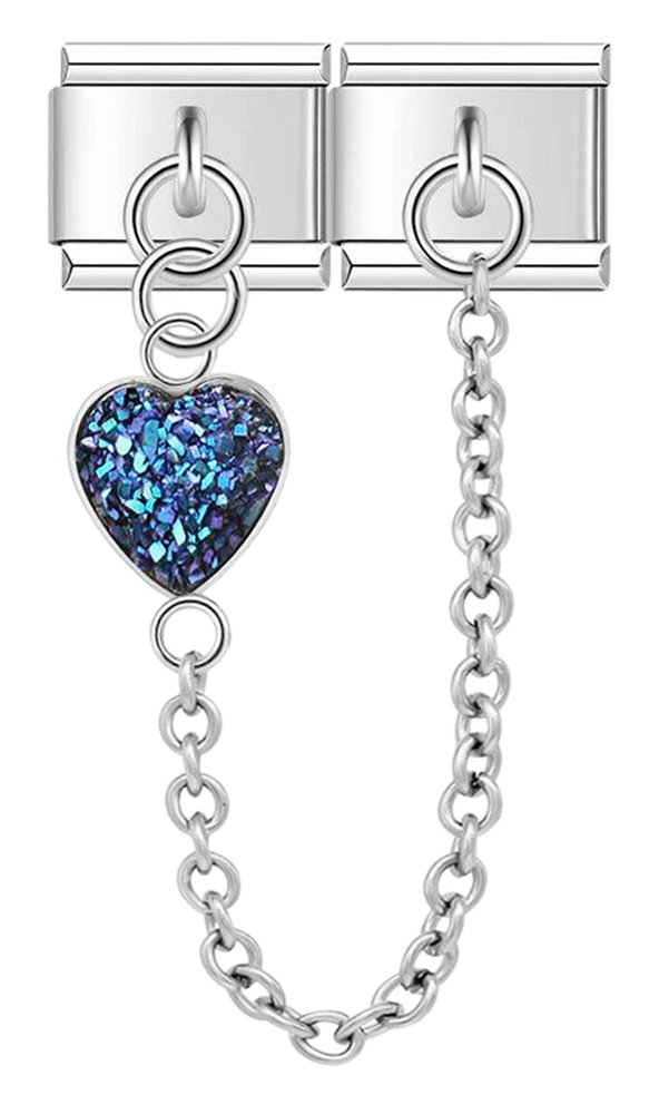 Navy Heart, Double Linked Charms, on Silver - navy heart double linked charms on silver.png