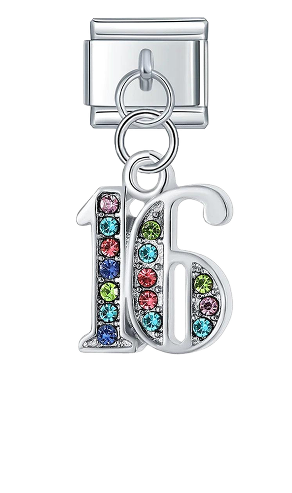 Number 16 with Multicolor Stones, on Silver - number-16-with-multicolor-stones-on-silver-charms-45929983476047.png