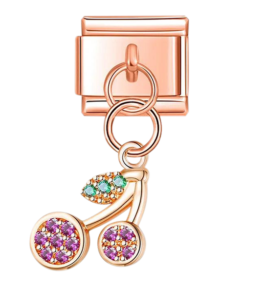 Pair of Cherries with Stones, Hanging, on Rose Gold - pair-of-cherries-with-stones-hanging-on-rose-gold-charms.png