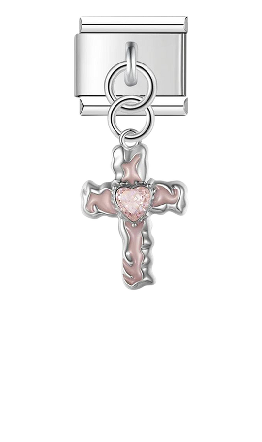 Pink Cross with Heart, on Silver - pink-cross-with-heart-on-silver-charms-45931502010703.png