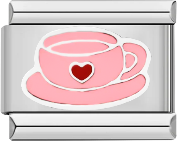 Pink Coffee Cup, Red Heart, on Silver - pink coffee cup red heart on silver.png