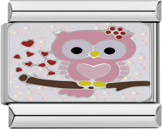 Pink Owl on Branch, on Silver - pink owl on branch on silver.png